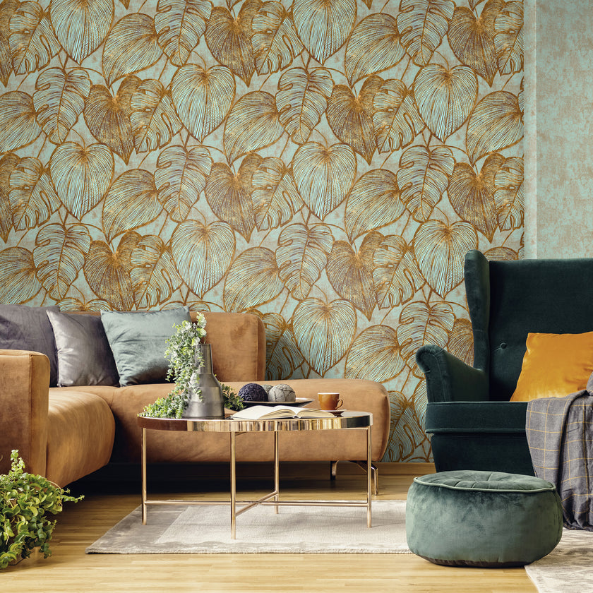 26943 Julie Feels Home Monstera Gold Teal