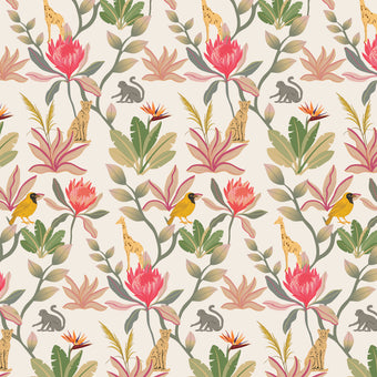 South African fynbos wallpaper pattern with protea flowers, birds and safari animals in an inspired botanical design.