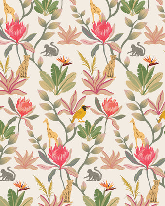 South African fynbos wallpaper pattern with protea flowers, birds and safari animals in an inspired botanical design.