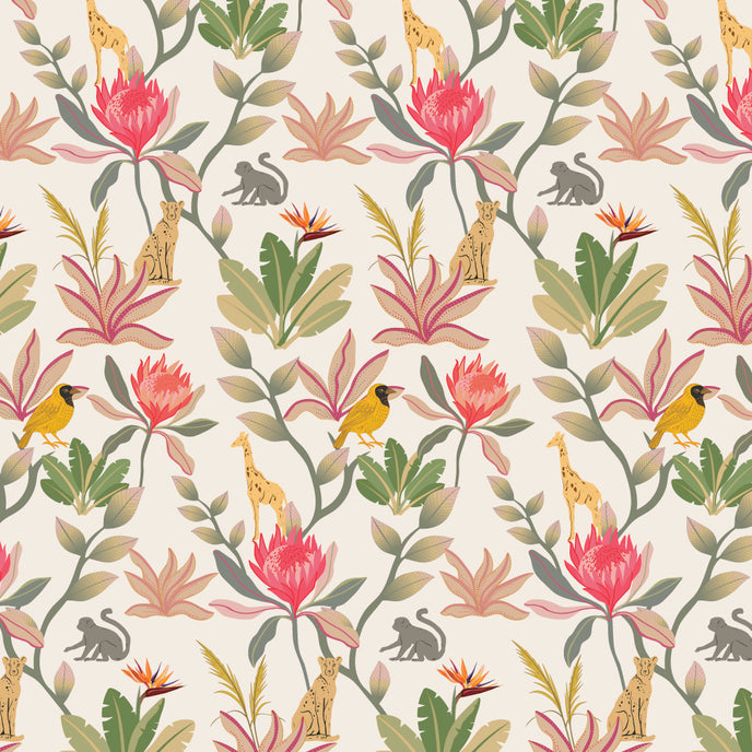 South African fynbos wallpaper pattern with protea flowers, birds and safari animals in an inspired botanical design.