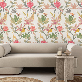 South African fynbos wallpaper pattern with protea flowers, birds and safari animals in an inspired botanical design. On wall in a sitting room. 