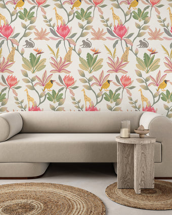 South African fynbos wallpaper pattern with protea flowers, birds and safari animals in an inspired botanical design. On wall in a sitting room. 