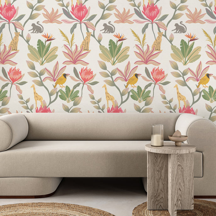 South African fynbos wallpaper pattern with protea flowers, birds and safari animals in an inspired botanical design. On wall in a sitting room. 