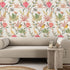 South African fynbos wallpaper pattern with protea flowers, birds and safari animals in an inspired botanical design. On wall in a sitting room. 