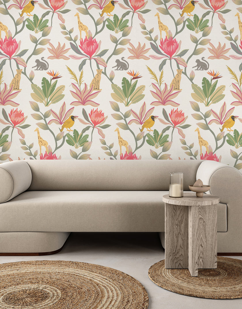 South African fynbos wallpaper pattern with protea flowers, birds and safari animals in an inspired botanical design. On wall in a sitting room. 