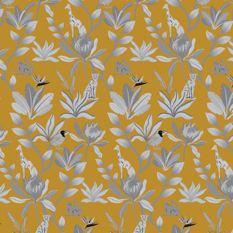 South African fynbos wallpaper pattern with protea flowers, birds and safari animals in an inspired botanical design. Black and white with mustard yellow background.