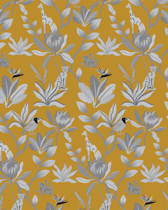 South African fynbos wallpaper pattern with protea flowers, birds and safari animals in an inspired botanical design. Black and white with mustard yellow background.