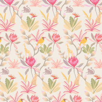 South African fynbos wallpaper pattern with protea flowers, birds and safari animals in an inspired botanical design. Colour is pink delight..