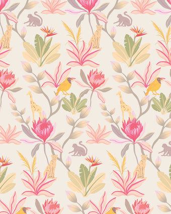 South African fynbos wallpaper pattern with protea flowers, birds and safari animals in an inspired botanical design. Colour is pink delight..