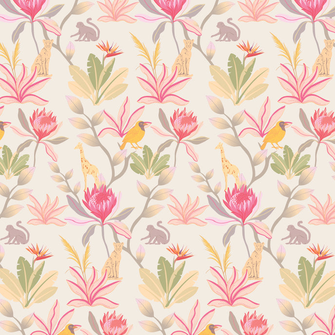 South African fynbos wallpaper pattern with protea flowers, birds and safari animals in an inspired botanical design. Colour is pink delight..