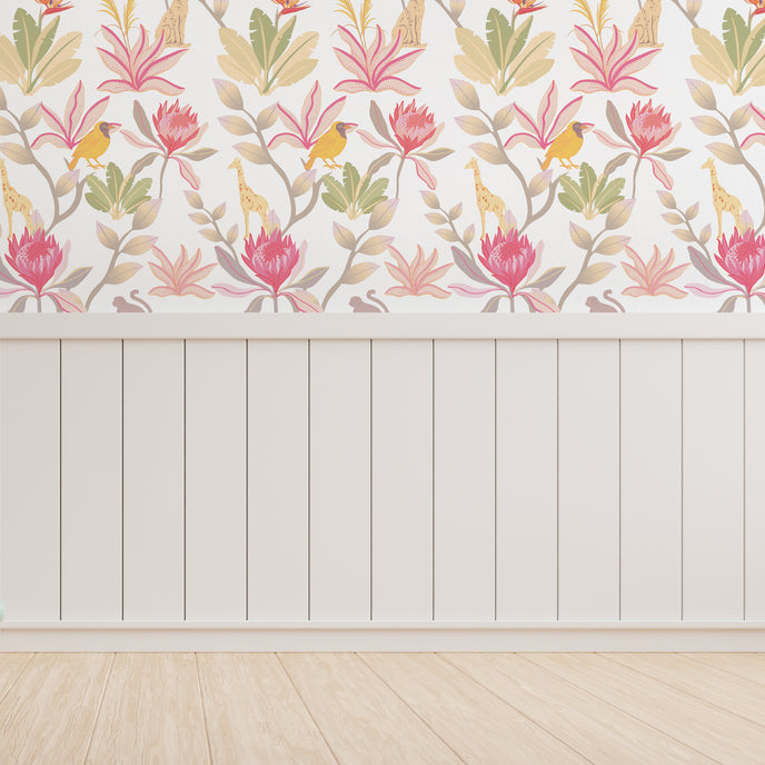 South African fynbos wallpaper pattern with protea flowers, birds and safari animals in an inspired botanical design. Colour is pink delight. On wall in a playroom.