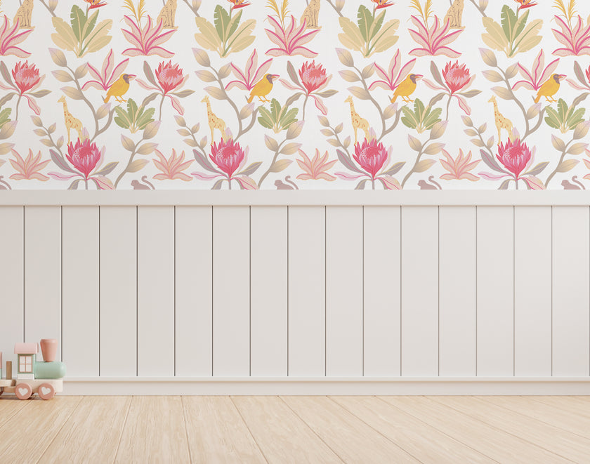 South African fynbos wallpaper pattern with protea flowers, birds and safari animals in an inspired botanical design. Colour is pink delight. On wall in a playroom.