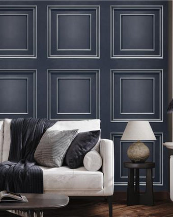 Wood Panel Wallpaper Navy & Silver 7387