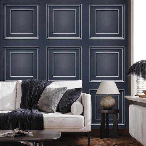 Wood Panel Wallpaper Navy & Silver 7387