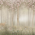 Children's woodland mural wallpaper featuring a deer in a misty forest with wildflowers and flowering trees in soft blush and neutral tones, creating a dreamy nursery setting.