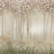 Children's woodland mural wallpaper featuring a deer in a misty forest with wildflowers and flowering trees in soft blush and neutral tones, creating a dreamy nursery setting.