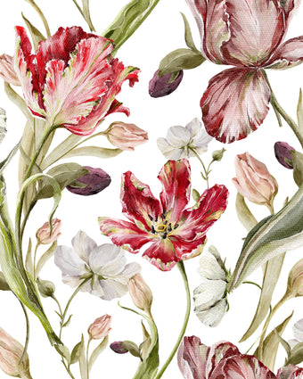 Floral wallpaper featuring hand painted tulips, buds, and delicate blossoms in berry, blush, cream, and soft green tones on a white background, inspired by classic botanical illustrations.