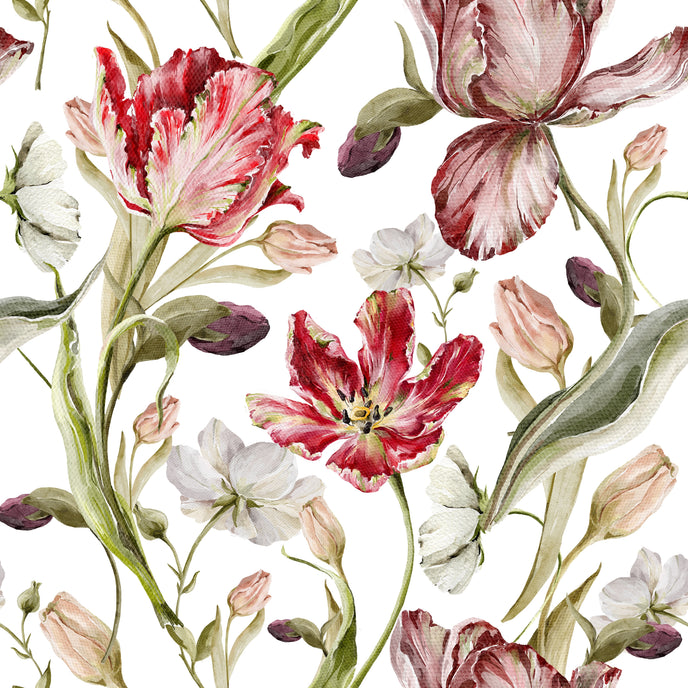 Floral wallpaper featuring hand painted tulips, buds, and delicate blossoms in berry, blush, cream, and soft green tones on a white background, inspired by classic botanical illustrations.