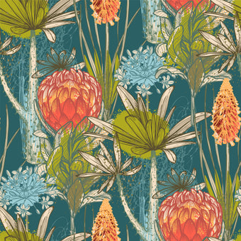 South African flower wallpaper with coral proteas, fynbos flowers, and layered foliage on a deep teal background. Close up of the print. 