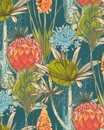 South African flower wallpaper with coral proteas, fynbos flowers, and layered foliage on a deep teal background. Close up of the print. 