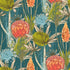 South African flower wallpaper with coral proteas, fynbos flowers, and layered foliage on a deep teal background. Close up of the print. 