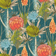 South African flower wallpaper with coral proteas, fynbos flowers, and layered foliage on a deep teal background. Close up of the print. 