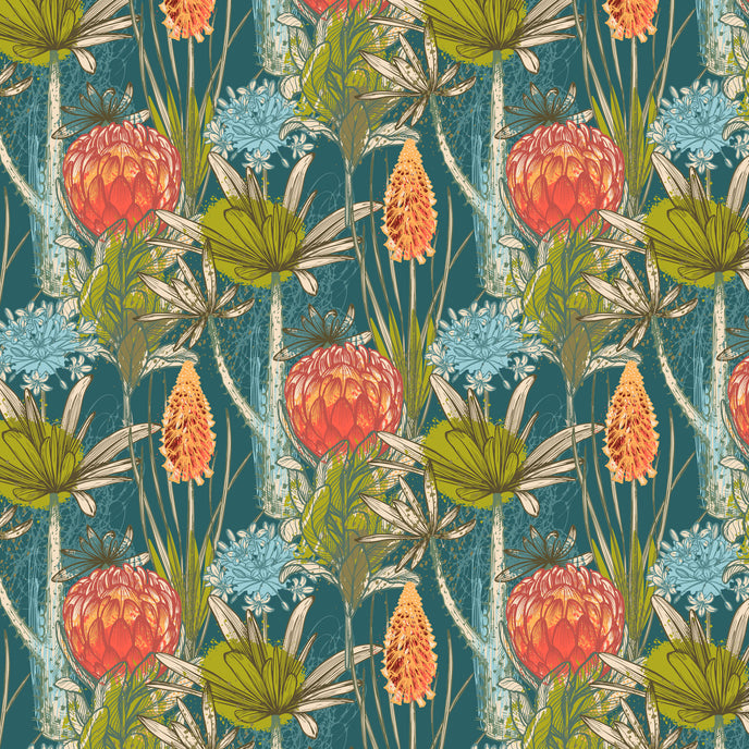 South African flower wallpaper with coral proteas, fynbos flowers, and layered foliage on a deep teal background.