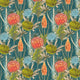 South African flower wallpaper with coral proteas, fynbos flowers, and layered foliage on a deep teal background.