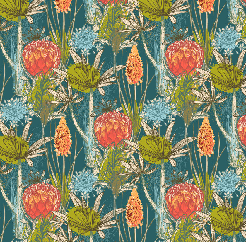 South African flower wallpaper with coral proteas, fynbos flowers, and layered foliage on a deep teal background.