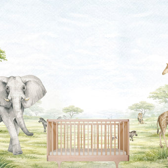 Watercolor safari nursery mural with elephants, giraffes, zebras, lions, warthogs and savannah trees in soft neutral tones. With cot in the centre. 