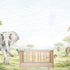 Watercolor safari nursery mural with elephants, giraffes, zebras, lions, warthogs and savannah trees in soft neutral tones. With cot in the centre. 