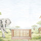 Watercolor safari nursery mural with elephants, giraffes, zebras, lions, warthogs and savannah trees in soft neutral tones. With cot in the centre. 