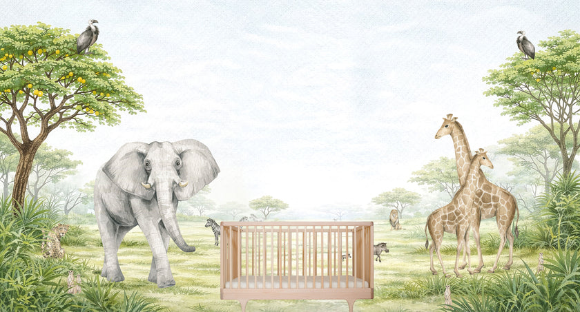 Watercolor safari nursery mural with elephants, giraffes, zebras, lions, warthogs and savannah trees in soft neutral tones. With cot in the centre. 