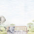 Watercolor safari nursery mural with elephants, giraffes, zebras, lions, warthogs and savannah trees in soft neutral tones. With cot in the centre. 