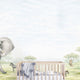 Watercolor safari nursery mural with elephants, giraffes, zebras, lions, warthogs and savannah trees in soft neutral tones. With cot in the centre. 