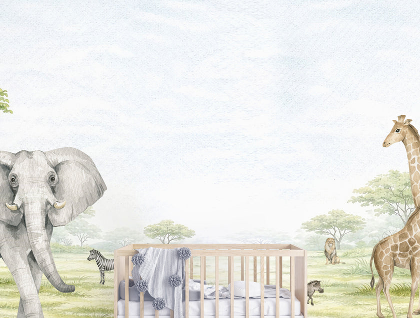 Watercolor safari nursery mural with elephants, giraffes, zebras, lions, warthogs and savannah trees in soft neutral tones. With cot in the centre. 