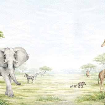 Watercolor safari nursery mural with elephants, giraffes, zebras, lions, warthogs and savannah trees in soft neutral tones.