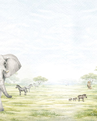 Watercolor safari nursery mural with elephants, giraffes, zebras, lions, warthogs and savannah trees in soft neutral tones.