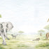 Watercolor safari nursery mural with elephants, giraffes, zebras, lions, warthogs and savannah trees in soft neutral tones.
