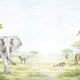 Watercolor safari nursery mural with elephants, giraffes, zebras, lions, warthogs and savannah trees in soft neutral tones.