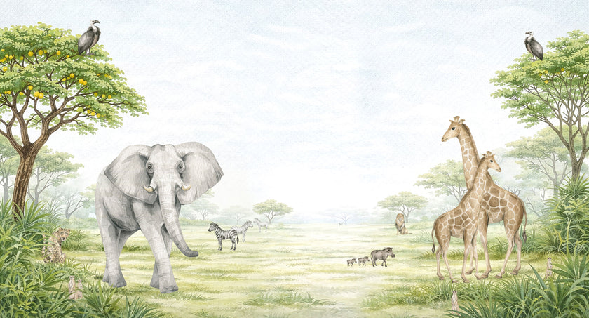 Watercolor safari nursery mural with elephants, giraffes, zebras, lions, warthogs and savannah trees in soft neutral tones.