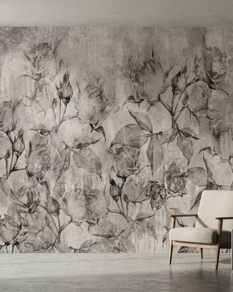 Seamlessly stretched antique rose mural in soft grey tones with multicoloured accents on an elegant interior wall, illuminated by natural light.
