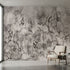 Seamlessly stretched antique rose mural in soft grey tones with multicoloured accents on an elegant interior wall, illuminated by natural light.
