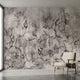 Seamlessly stretched antique rose mural in soft grey tones with multicoloured accents on an elegant interior wall, illuminated by natural light.