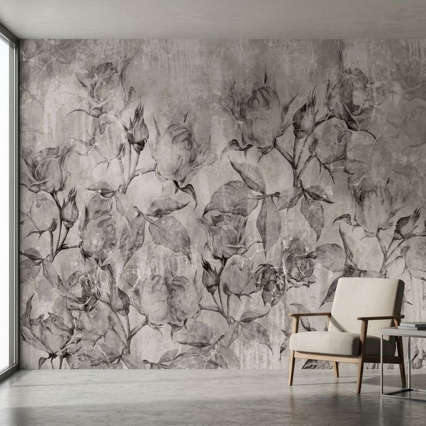 Seamlessly stretched antique rose mural in soft grey tones with multicoloured accents on an elegant interior wall, illuminated by natural light.