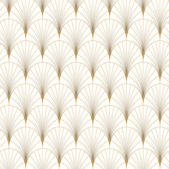 Art Deco gold fan wallpaper pattern with geometric lines on a neutral background, elegant and symmetrical design.