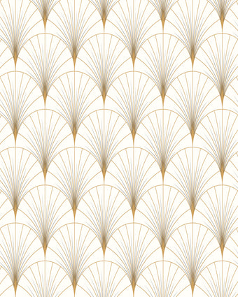 Art Deco gold fan wallpaper pattern with geometric lines on a neutral background, elegant and symmetrical design.