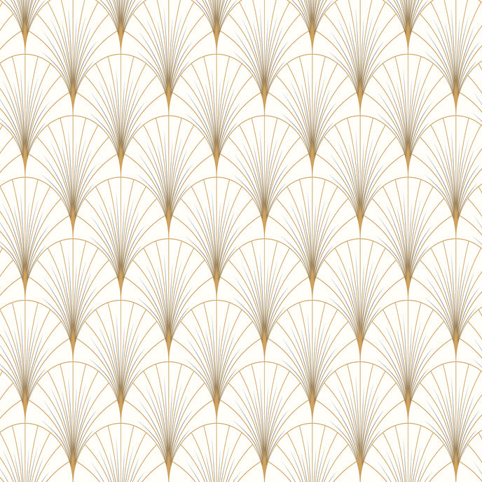 Art Deco gold fan wallpaper pattern with geometric lines on a neutral background, elegant and symmetrical design.