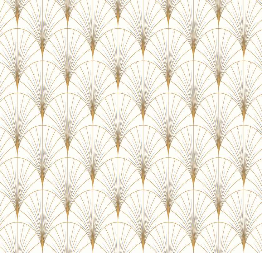 Art Deco gold fan wallpaper pattern with geometric lines on a neutral background, elegant and symmetrical design.