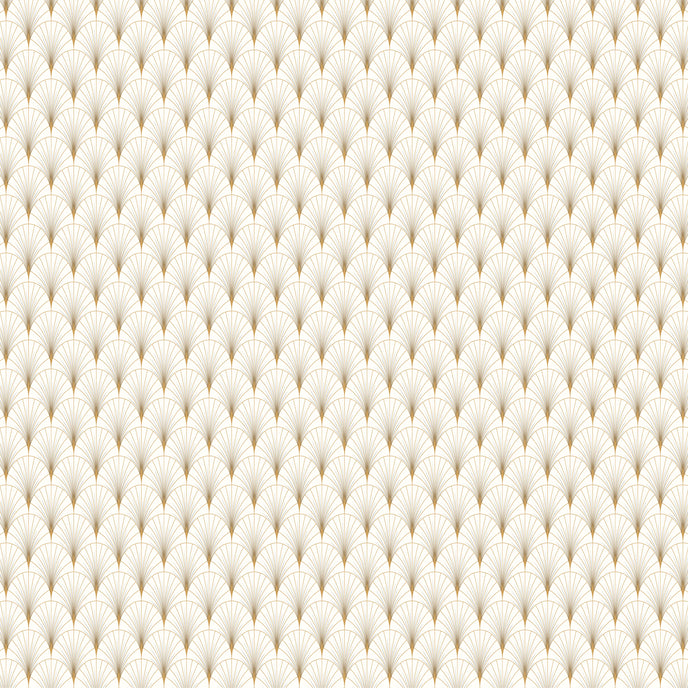 Art Deco gold fan wallpaper pattern with geometric lines on a neutral background, elegant and symmetrical design.